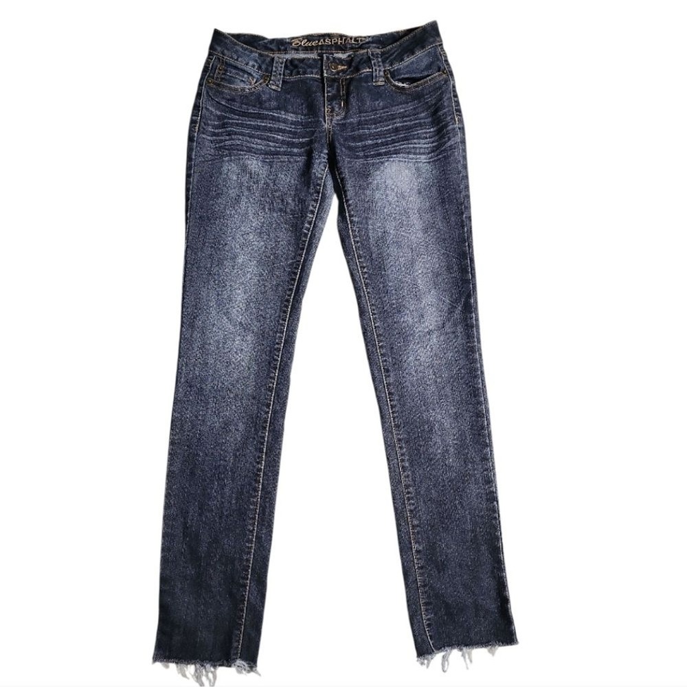 Blue Asphalt Straight Leg Jeans Women 7 Long Dark Wash Raw Hem Y2K Grunge Denim